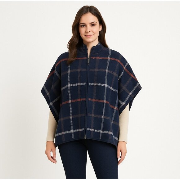 Tahari Plaid Zip Front Poncho Cape Sweater Knit Navy Multicolor Women’s S/M - Picture 1 of 15
